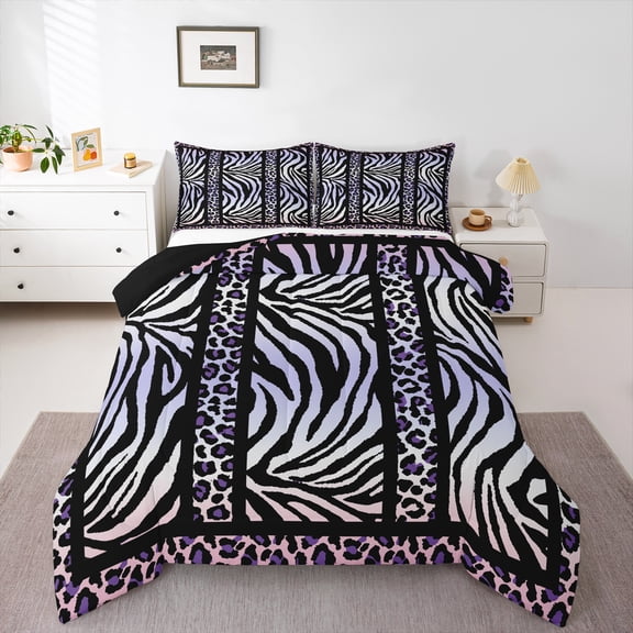 Homewish Teens Animal Leopard Zebra Print 2pcs Bedding Comforter Set,Black Pink Purple Twin Comforter Sets,Abstract Geometric Stripes Breathable Bedding Set,Microfiber Bedroom Decor,Reversible