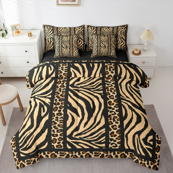 Homewish Teens Animal Leopard Zebra Print 7-Piece Bedding Comforter Set,Black Yellow King Bedding Sets,Abstract Geometric Stripes Ultra Soft Bed Sheets,Microfiber Bedroom Decor,Reversible