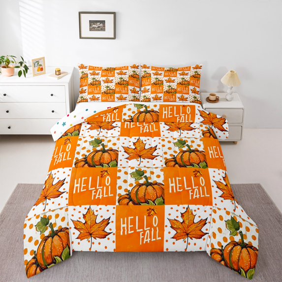 Homewish Teens Autumn Botanical Pumpkin 3 Pieces Queen Comforter Set,Geometric Plaid Ultra Soft Bedding Sets,Orange Polka Dots Bedding Comforter Set Breathable,Luxury Bedroom Decor,Reversible