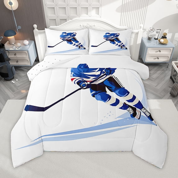 Homewish Teens Ball Game Bedding Comforter Set,Hockey Sport Theme Twin Comforter Sets,White Blue Bedding Set For Boys Kids,Luxury Bedroom Decor Reversible,2 Pieces