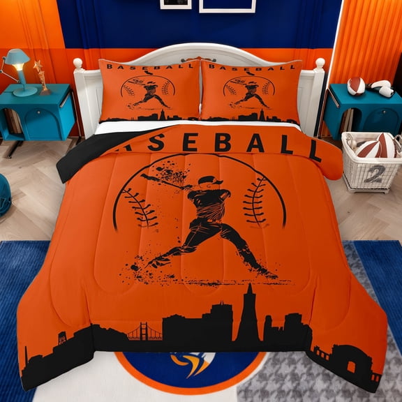 Homewish Teens Baseball Print Bedding Comforter Set, Orange Black Abstract Twin Comforter Sets, Cartoon Sports Theme Reversible Bedding Set, Luxury Bedroom Decor, 2pcs