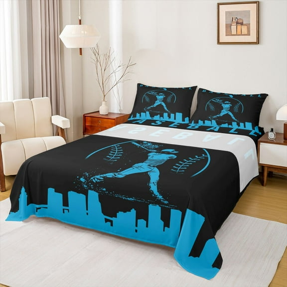 Homewish Teens Baseball Print Twin Sheet Sets, Black Blue Abstract Twin Fitted Sheet, Cartoon Sports Theme Flat Sheet, Ultra Soft Bedroom Decor, 3 Pieces