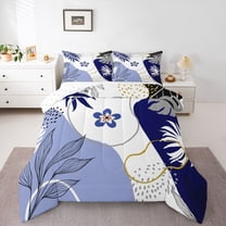 Homewish Teens Blue Flower Leaves 2pcs Bedding Comforter Set,Vintage Aesthetic Twin Comforter Sets,Minimalist Mid Century Breathable Bedding Set,Microfiber Bedroom Decor,Reversible