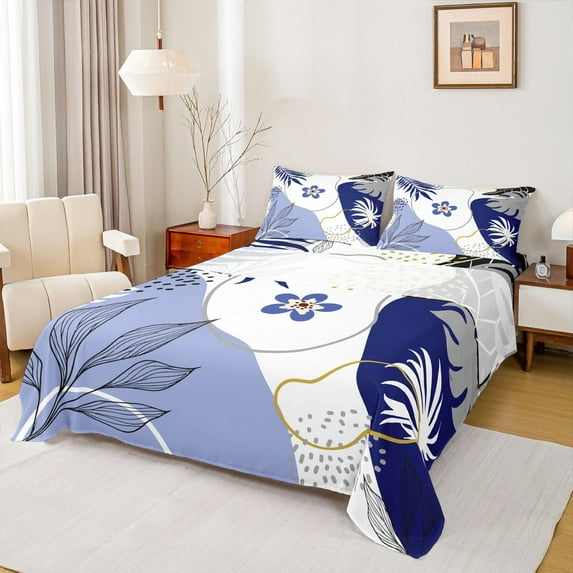 Homewish Teens Blue Flower Leaves 3pcs Twin Sheet Sets,Vintage Aesthetic Twin Fitted Sheet,Minimalist Mid Century Breathable Flat Sheet,Microfiber Bedroom Decor