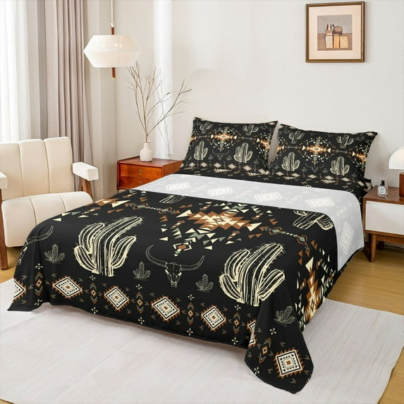Homewish Teens Bohemian Aztec 4pcs Bed Sheets,Western Cactus King Sheets,Exotic Style Super Cozy Sheet Set,Ultra Soft Home Decor
