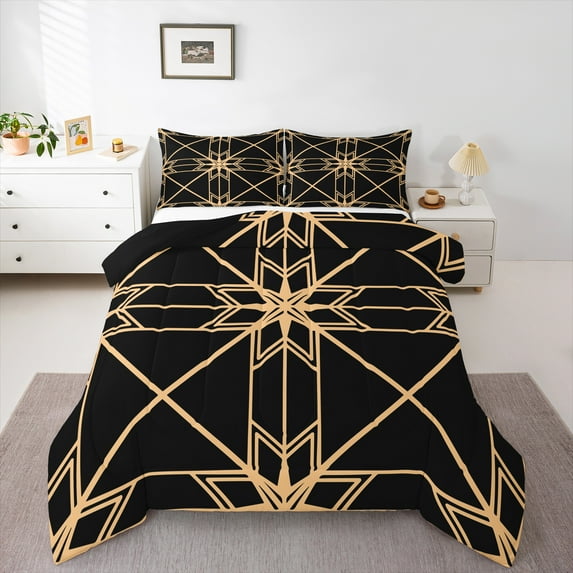 Homewish Teens Bohemian Aztec Bedding Comforter Set, Black Gold Stripe Lines Twin Comforter Sets, Fashion Abstract Ombre Reversible Bedding Set, Ultra Soft Bedroom Decor, 2-Piece