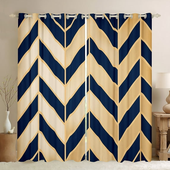 Homewish Teens Bohemian Aztec Black Out Curtains, Wheat Navy Stripe Lines Curtains Pack of 2 (42x63 Each), Fashion Abstract Ombre Bedroom Curtains, Blackout Curtains Decor