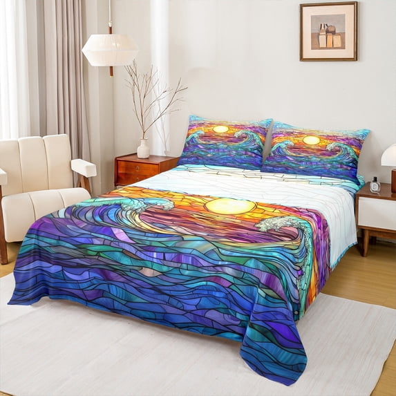 Homewish Teens Bohemian Sun Twin Sheet Sets, Vintage Blue Ocean Waves Twin Fitted Sheet, Oil Printing Artwork Flat Sheet, Breathable Home Decor, 3-Piece
