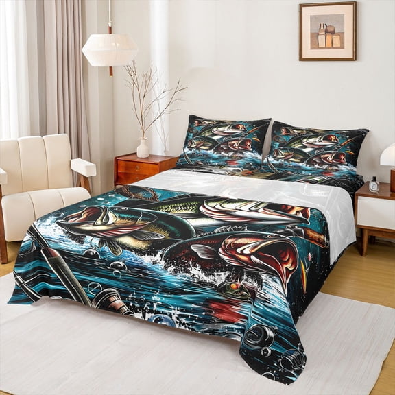 Homewish Teens Boys Girls Big Bass Fish 4 Pieces Queen Sheet Sets,Abstract Vintage Aesthetic Ultra Soft Flat Sheet,Fishing And Hunting Queen Fitted Sheet,Lightweight Room Decor
