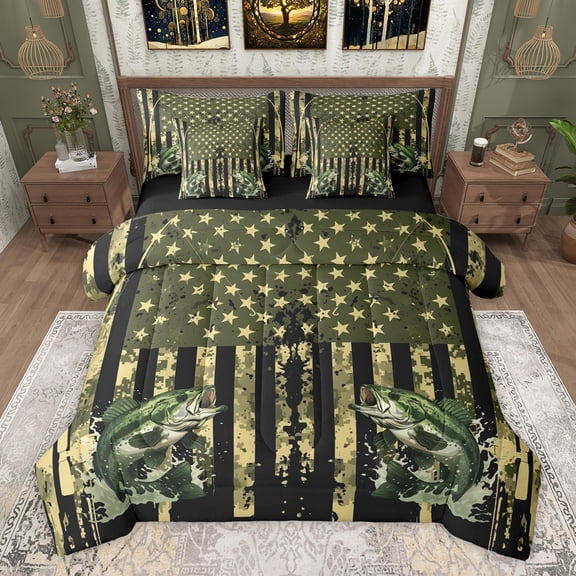Homewish Teens Boys Girls Big Bass Fish Bedding Comforter Set 7-Piece,Abstract Vintage USA Flag King Bedding Sets,Fishing And Hunting Ultra Soft Bed Sheets,Lightweight Room Decor,Reversible