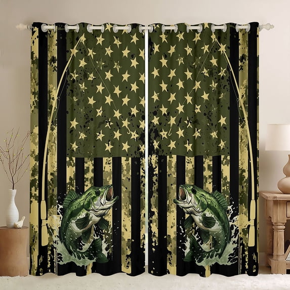 Homewish Teens Boys Girls Big Bass Fish Black Out Curtains,Abstract Vintage USA Flag Curtains Pack of 2 (42x63 Each),Fishing And Hunting Bedroom Curtains,Lightweight Room Decor