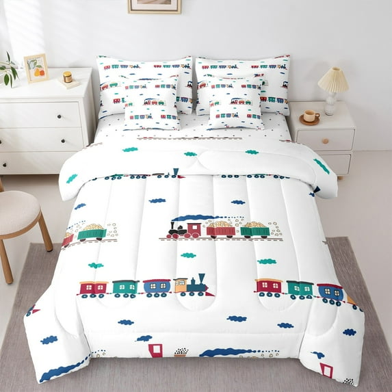 Homewish Teens Boys Girls Cartoon Train Bedding Comforter Set 7-Piece,Kawaii Railway Car King Bedding Sets,Steam Engine Railroad Ultra Soft Bed Sheets,Microfiber Bedroom Decor,Reversible