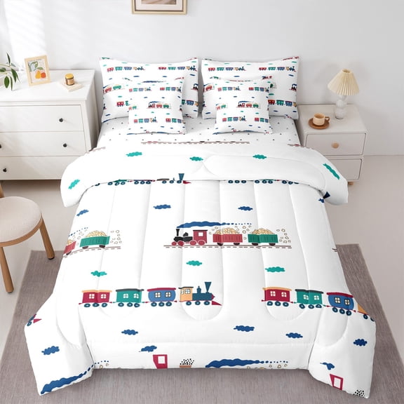 Homewish Teens Boys Girls Cartoon Train Twin Bedding Sets 7-Piece,Kawaii Railway Car Bedding Comforter Set Microfiber,Steam Engine Railroad Breathable Sheet Sets,Microfiber Bedroom Decor