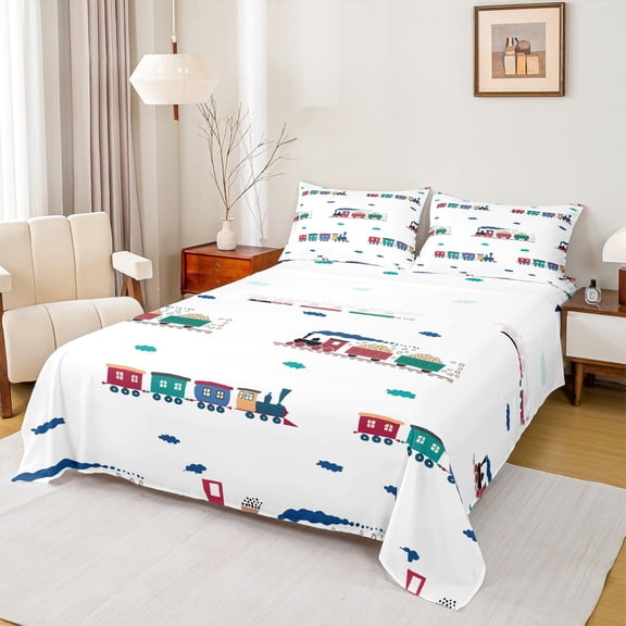 Homewish Teens Boys Girls Cartoon Train Twin Sheet Sets 3pcs,Kawaii Railway Car Twin Fitted Sheet Microfiber,Steam Engine Railroad Breathable Flat Sheet,Microfiber Bedroom Decor