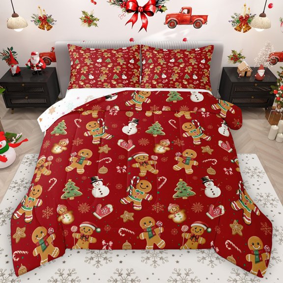 Homewish Teens Boys Girls Gingerbread Man 3 Pieces Queen Comforter Set,Xmas Festival Ultra Soft Bedding Sets,Merry Christmas Snowman Bedding Comforter Set Breathable,Lightweight Room Decor
