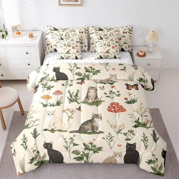 Homewish Teens Boys Girls Kawaii Cats Bedding Comforter Set 7-Piece,Chic Floral Flowers King Bedding Sets,Botanical Mushroom Ultra Soft Bed Sheets,Ultra Soft Home Decor,Reversible