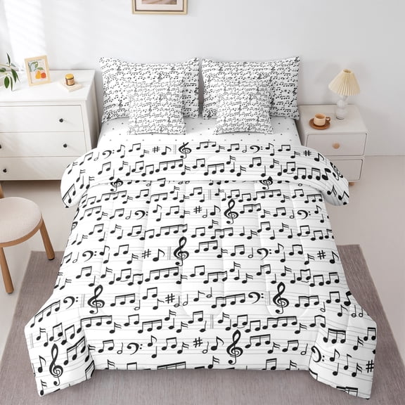 Homewish Teens Boys Girls Musical Note Bedding Comforter Set 7-Piece,Music Melody Theme King Bedding Sets,Black White Ultra Soft Bed Sheets,Lightweight Room Decor,Reversible