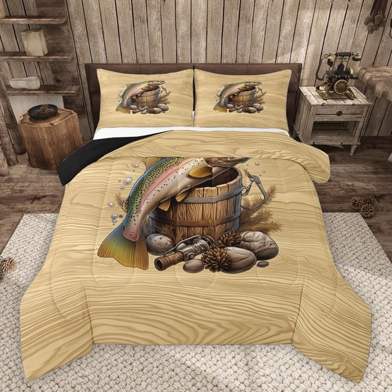 Homewish Teens Boys Girls Pike Fish Bedding Comforter Set 2pcs,Abstract Vintage Cabin Aesthetic Twin Comforter Sets Microfiber,Fishing And Hunting Breathable Bedding Set,Lightweight Room Decor