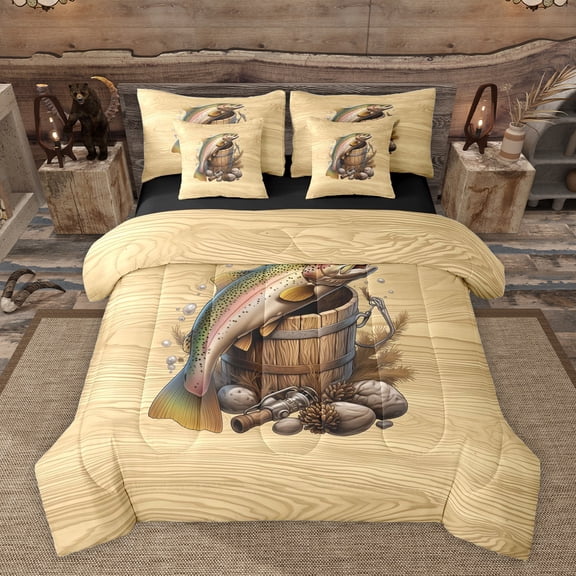 Homewish Teens Boys Girls Pike Fish Bedding Comforter Set 7 Pieces,Abstract Vintage Cabin Aesthetic Full Bedding Set Lightweight,Fishing And Hunting Fitted Sheet Flat Sheet,Reversible Room Decor