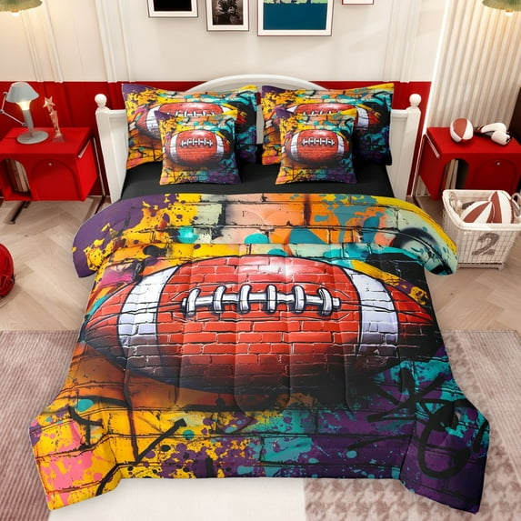Homewish Teens Boys Men Football Gamer Twin Bedding Sets 7-Piece,Abstract Graffiti Splash Bedding Comforter Set Microfiber,Sport Rugby Theme Breathable Sheet Sets,Luxury Bedroom Decor,Reversible