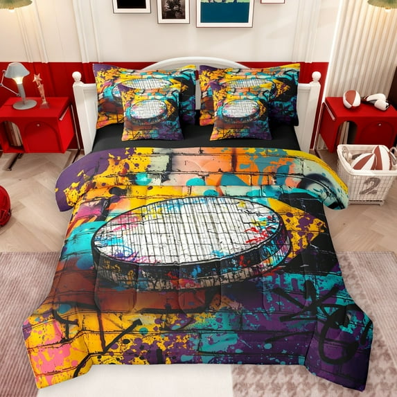Homewish Teens Boys Men Ice Hockey Gamer Bedding Comforter Set 7-Piece,Abstract Graffiti Splash King Bedding Sets,Sport Rugby Theme Ultra Soft Bed Sheets,Luxury Bedroom Decor,Reversible