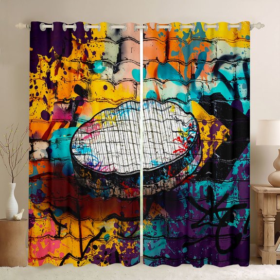 Homewish Teens Boys Men Ice Hockey Gamer Curtains Pack of 2 (42x84 Each),Abstract Graffiti Splash Curtains Blackout,Sport Rugby Theme Bedroom Curtains,Luxury Bedroom Decor