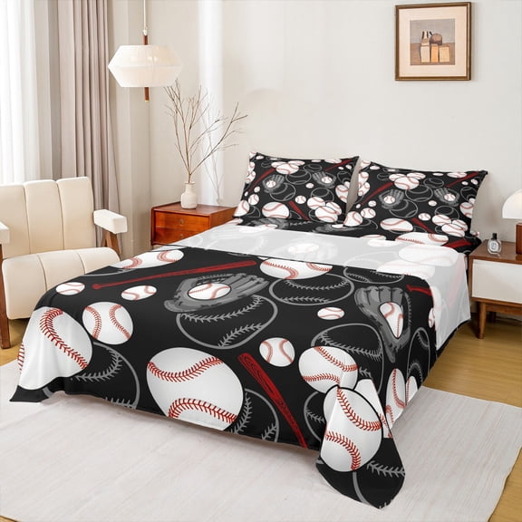 Homewish Teens Boys Sport Baseball 3pcs Twin Sheet Sets,Ball Game Twin Fitted Sheet,Black White Breathable Flat Sheet,Breathable Home Decor