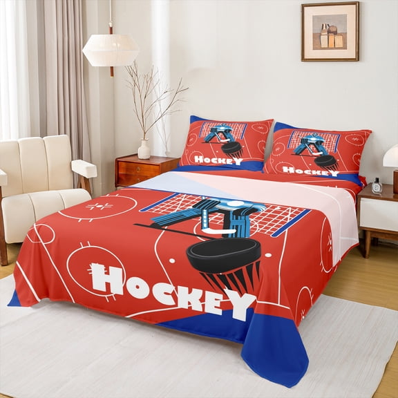 Homewish Teens Boys Sport Ice Hockey 3pcs Twin Sheet Sets,Ball Game Twin Fitted Sheet,Blue Red Breathable Flat Sheet,Breathable Home Decor