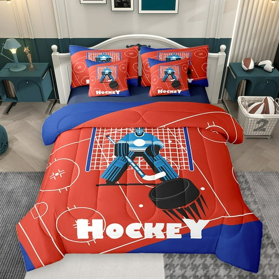 Homewish Teens Boys Sport Ice Hockey 7-Piece Twin Bedding Sets,Ball Game Bedding Comforter Set,Blue Red Breathable Sheet Sets,Breathable Home Decor,Reversible