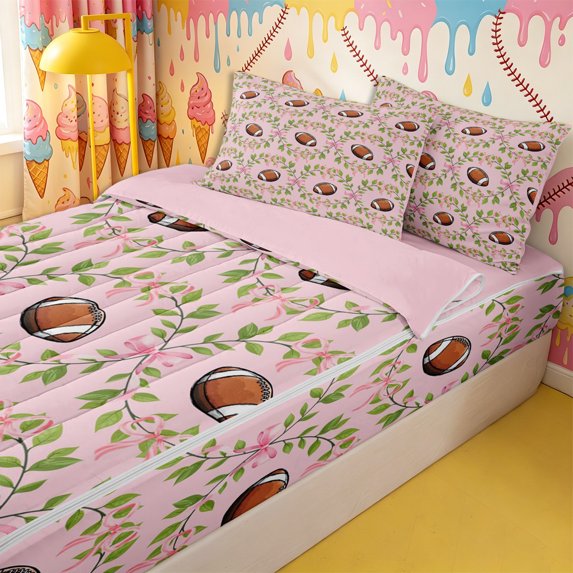 Homewish Teens Brown Football Zipper Full Size Comforter Sets with Fitted Sheet and 2 Pillowcases,Kawaii Ribbon Bowknot Zipper Bedding Set,4pcs,Pink Reversible