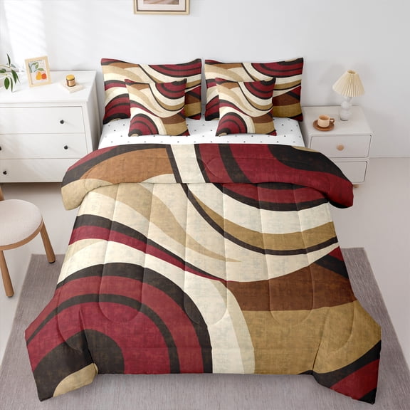 Homewish Teens Brown Red Stripes 7-Piece Bedding Comforter Set,Abstract Minimalist Lines King Bedding Sets,Minimalism Geometric Theme Ultra Soft Bed Sheets,Super Cozy Room Decor,Reversible