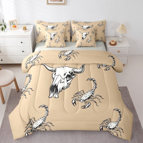 Homewish Teens Bull Skull Scorpion Twin Bedding Sets 7-Piece,Bohemian Western Theme Bedding Comforter Set Microfiber,Vintage Aesthetic Breathable Sheet Sets,Super Cozy Room Decor,Reversible