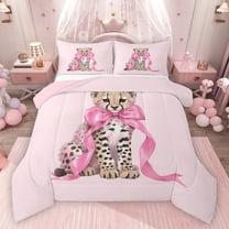 Homewish Teens Cartoon Bow Knot Leopard Bedding Comforter Set 2pcs,Kawaii Jungle Animal Twin Comforter Sets Microfiber,Pink Brown Breathable Bedding Set,Lightweight Room Decor,Reversible