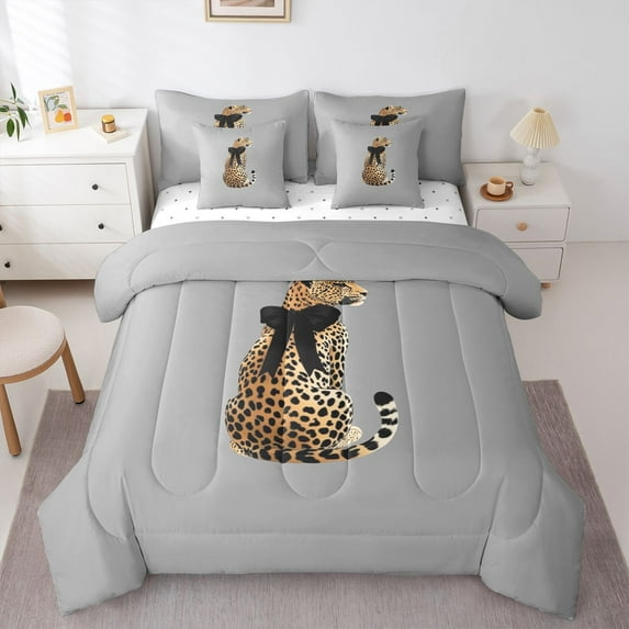 Homewish Teens Cartoon Bow Knot Leopard Bedding Comforter Set 7-Piece,Kawaii Jungle Animal Cheetah King Bedding Sets,Brown Black Ultra Soft Bed Sheets,Lightweight Room Decor,Reversible