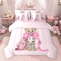 Homewish Teens Cartoon Bow Knot Leopard Twin Bedding Sets 7-Piece,Kawaii Jungle Animal Bedding Comforter Set Microfiber,Pink Brown Breathable Sheet Sets,Lightweight Room Decor,Reversible