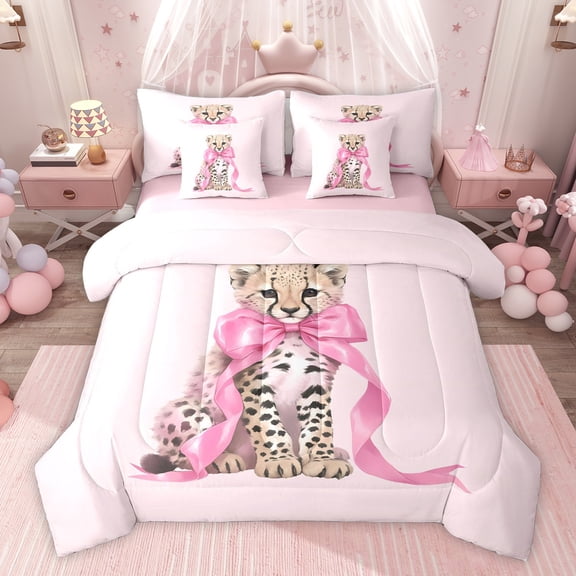 Homewish Teens Cartoon Bow Knot Leopard Twin Bedding Sets 7-Piece,Kawaii Jungle Animal Bedding Comforter Set Microfiber,Pink Brown Breathable Sheet Sets,Lightweight Room Decor,Reversible