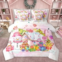 Homewish Teens Cartoon Snowman Twin Bedding Sets 7-Piece,Merry Christmas Bedding Comforter Set Microfiber,Xmas Snowflakes Candy Cane Breathable Sheet Sets,Luxury Bedroom Decor,Reversible
