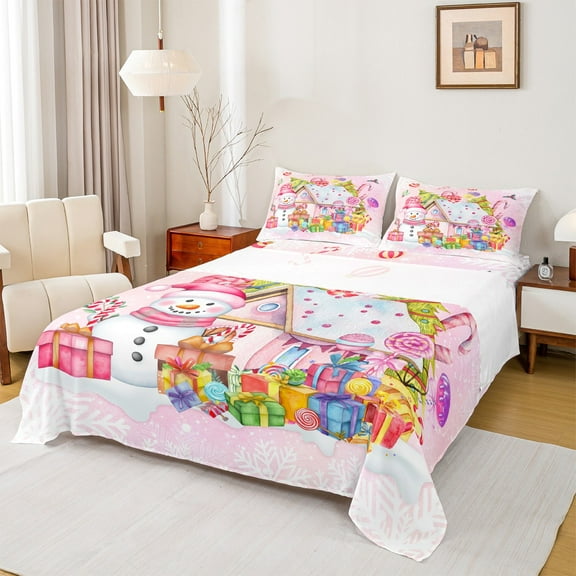Homewish Teens Cartoon Snowman Twin Sheet Sets 3pcs,Merry Christmas Twin Fitted Sheet Microfiber,Xmas Snowflakes Candy Cane Breathable Flat Sheet,Luxury Bedroom Decor