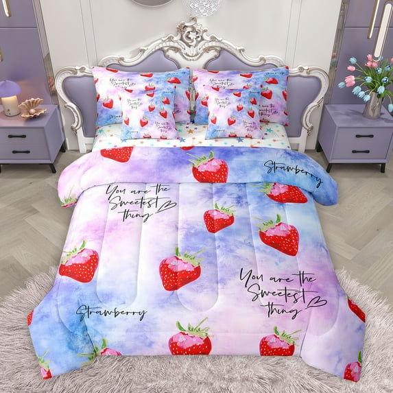 Homewish Teens Cartoon Strawberry Twin Bedding Sets 7-Piece, Dreamy Cartoon Bedding Comforter Set, Blue Purple Watercolor Reversible Sheet Sets, Breathable Home Decor