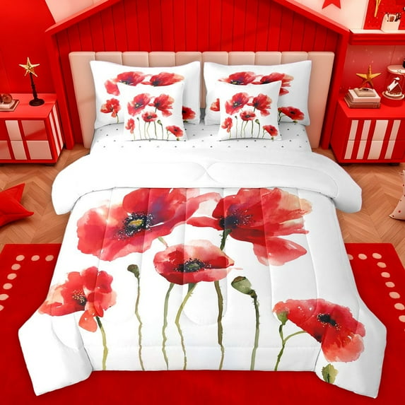 Homewish Teens Chic Floral Flowers Bedding Comforter Set 7pcs,Spring Garden Queen Bedding Sets Super Cozy,Green Red Queen Sheet Sets,Breathable Home Decor,Reversible