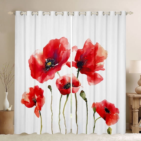 Homewish Teens Chic Floral Flowers Blackout Curtains Set of 2 (52x84 Each),Spring Garden Window Curtains,Green Red Curtains and Drapes,Breathable Home Decor
