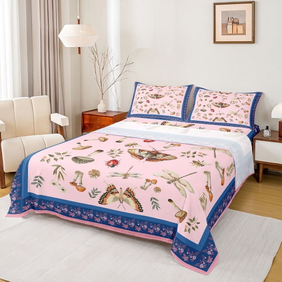 Homewish Teens Chic Floral Mushroom 4pcs Bed Sheets,Ladybug Moth Dragonfly King Sheets,Exotic Style Super Cozy Sheet Set,Ultra Soft Home Decor