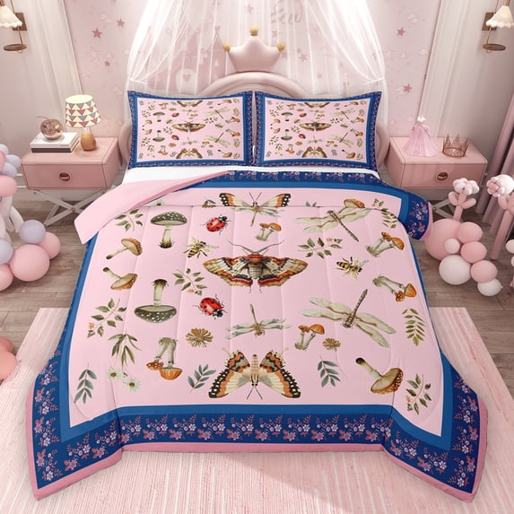 Homewish Teens Chic Floral Mushroom Bedding Comforter Set 2pcs,Ladybug Moth Dragonfly Twin Comforter Sets Microfiber,Exotic Style Breathable Bedding Set,Ultra Soft Home Decor,Reversible