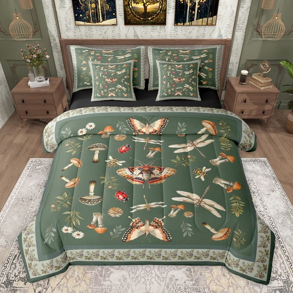 Homewish Teens Chic Floral Mushroom Bedding Comforter Set 7-Piece,Ladybug Moth Dragonfly King Bedding Sets,Exotic Style Ultra Soft Bed Sheets,Ultra Soft Home Decor,Reversible