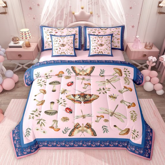 Homewish Teens Chic Floral Mushroom Bedding Comforter Set 7pcs,Ladybug Moth Dragonfly Queen Bedding Sets Super Cozy,Exotic Style Queen Sheet Sets,Ultra Soft Home Decor,Reversible