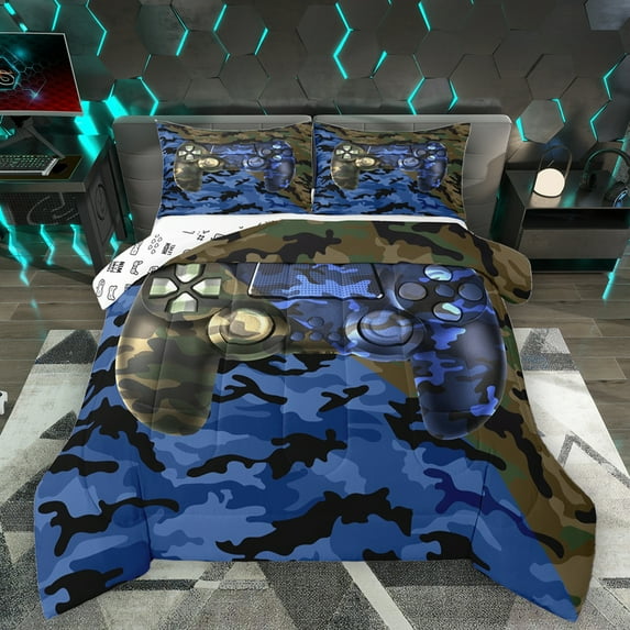 Homewish Teens Colorful Gamepad Bedding Comforter Set,Rustic Camo Twin Comforter Sets,Gray Blue Bedding Set For Boys Kids,Luxury Bedroom Decor Reversible,2-Piece