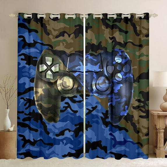 Homewish Teens Colorful Gamepad Curtains Pack of 2 (42x84 Each),Rustic Camo Curtains Blackout,Gray Blue Bedroom Curtains For Boys Kids,Luxury Bedroom Decor
