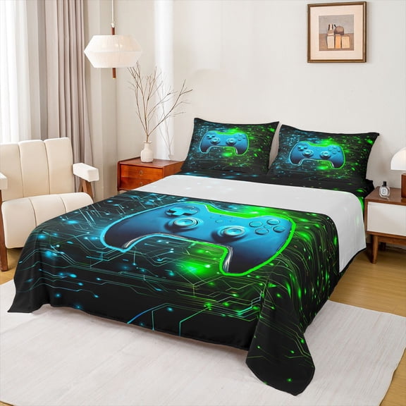 Homewish Teens Colorful Gamepad Twin Sheet Sets,3D Console Twin Fitted Sheet,Green Blue Flat Sheet For Boys Kids,Luxury Bedroom Decor,3-Piece
