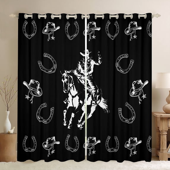 Homewish Teens Cowboy Horseshoe Black Out Curtains,Western Theme Curtains Pack of 2 (42x63 Each),Farmhouse Animal Horse Bedroom Curtains,Super Cozy Room Decor