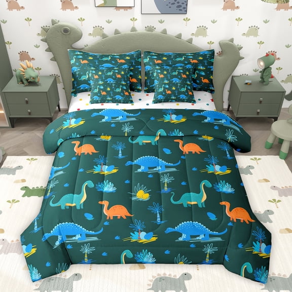 Homewish Teens Dinosaur Animal Bedding Comforter Set 7pcs, Funny Jungle Wildlife King Bedding Sets, Kawaii Cartoon Theme Reversible Bed Sheets, Ultra Soft Bedroom Decor
